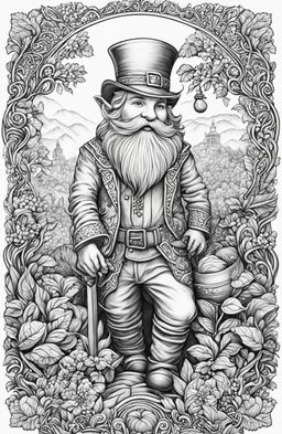 A high-quality, intricately detailed coloring page featuring a leprechaun, inspired by the style of Johanna Basford