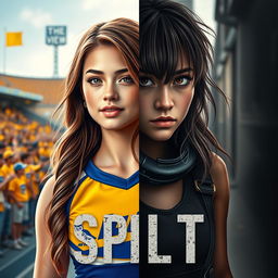 A realistic and visually striking book cover for 'Split', featuring a character named Niela divided into two contrasting halves