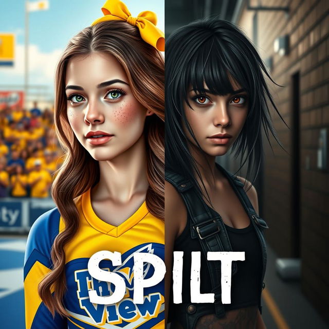 A realistic and visually striking book cover for 'Split', featuring a character named Niela divided into two contrasting halves