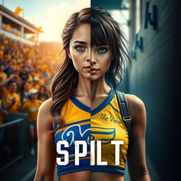 A realistic and visually striking book cover for 'Split', featuring a character named Niela divided into two contrasting halves