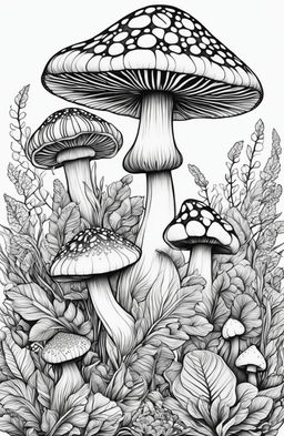 This is a detailed, high-quality digital coloring page featuring a cluster of intricately patterned mushrooms, surrounded by lush undergrowth