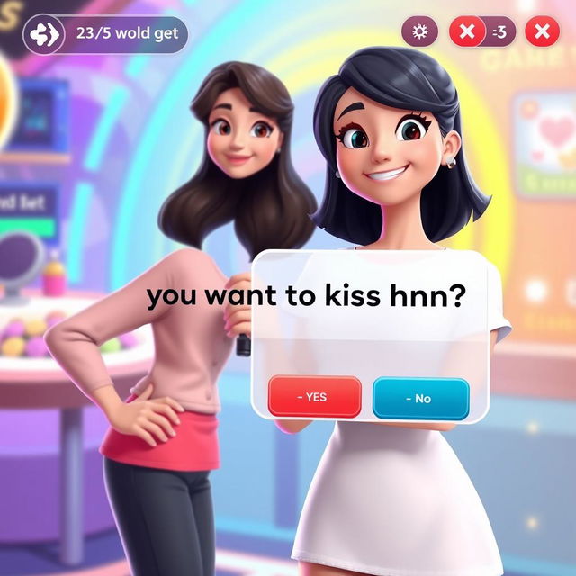 An engaging visual representation of a decision-making game interface featuring a full-body animation of a 25-year-old woman with a confident and playful expression