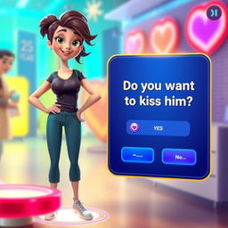 An engaging visual representation of a decision-making game interface featuring a full-body animation of a 25-year-old woman with a confident and playful expression