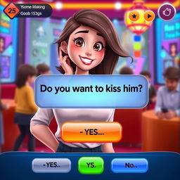 An engaging visual representation of a decision-making game interface featuring a full-body animation of a 25-year-old woman with a confident and playful expression