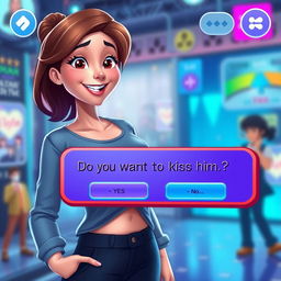 An engaging visual representation of a decision-making game interface featuring a full-body animation of a 25-year-old woman with a confident and playful expression