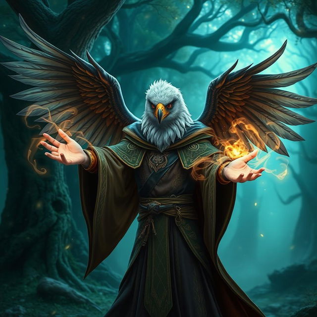 A captivating half-human Arouca character with an eagle head and majestic wings, dressed in intricate wizard robes adorned with magical symbols