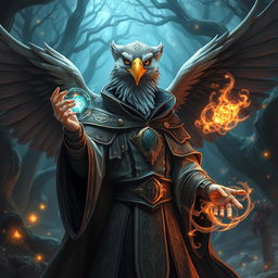 A captivating half-human Arouca character with an eagle head and majestic wings, dressed in intricate wizard robes adorned with magical symbols