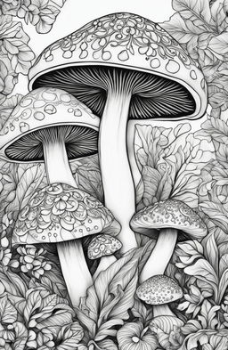 This is a detailed, high-quality digital coloring page featuring a cluster of intricately patterned mushrooms, surrounded by lush undergrowth