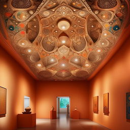 Design an exhibition area in an art museum, filled with captivating display objects and artifacts. The space has a flat Khatamband ceiling design, infusing the area with ornate, cultural elegance.