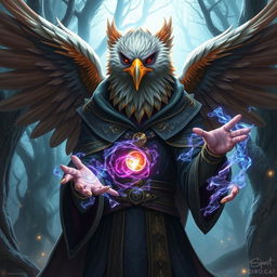 A captivating half-human Arouca character with an eagle head and majestic wings, dressed in intricate wizard robes adorned with magical symbols