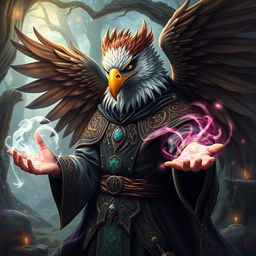 A captivating half-human Arouca character with an eagle head and majestic wings, dressed in intricate wizard robes adorned with magical symbols