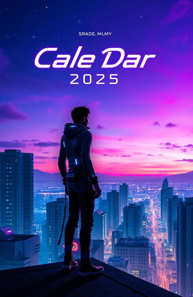 An artistic and captivating album cover for 'Cale Dar 2025', featuring a futuristic city skyline at dusk, with neon lights illuminating the buildings