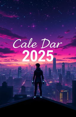 An artistic and captivating album cover for 'Cale Dar 2025', featuring a futuristic city skyline at dusk, with neon lights illuminating the buildings