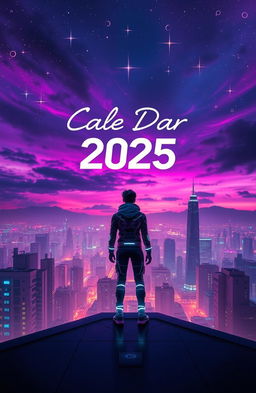 An artistic and captivating album cover for 'Cale Dar 2025', featuring a futuristic city skyline at dusk, with neon lights illuminating the buildings