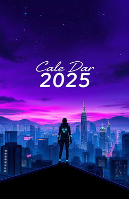 An artistic and captivating album cover for 'Cale Dar 2025', featuring a futuristic city skyline at dusk, with neon lights illuminating the buildings