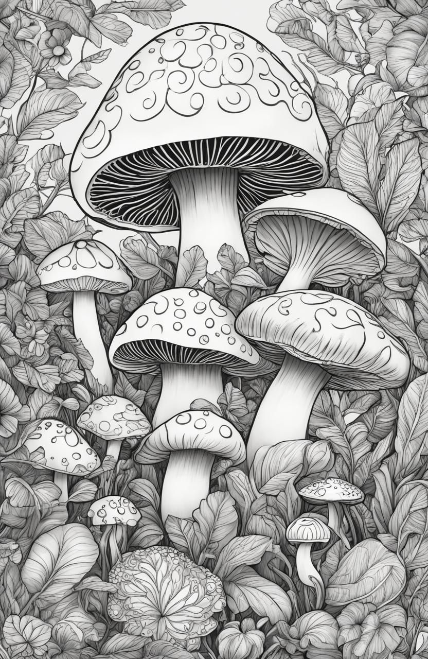 This is a detailed, high-quality digital coloring page featuring a cluster of intricately patterned mushrooms, surrounded by lush undergrowth