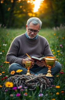 A serene scene of a writer immersed in their work, sitting cross-legged on a lush green meadow, surrounded by vibrant wildflowers