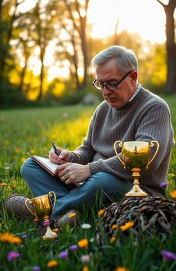 A serene scene of a writer immersed in their work, sitting cross-legged on a lush green meadow, surrounded by vibrant wildflowers