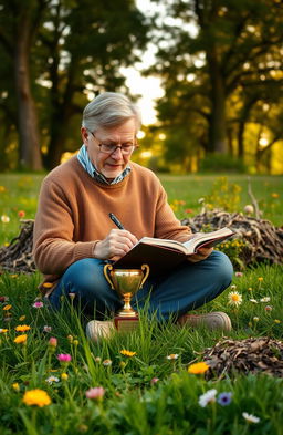 A serene scene of a writer immersed in their work, sitting cross-legged on a lush green meadow, surrounded by vibrant wildflowers