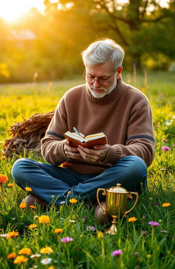 A serene scene of a writer immersed in their work, sitting cross-legged on a lush green meadow, surrounded by vibrant wildflowers