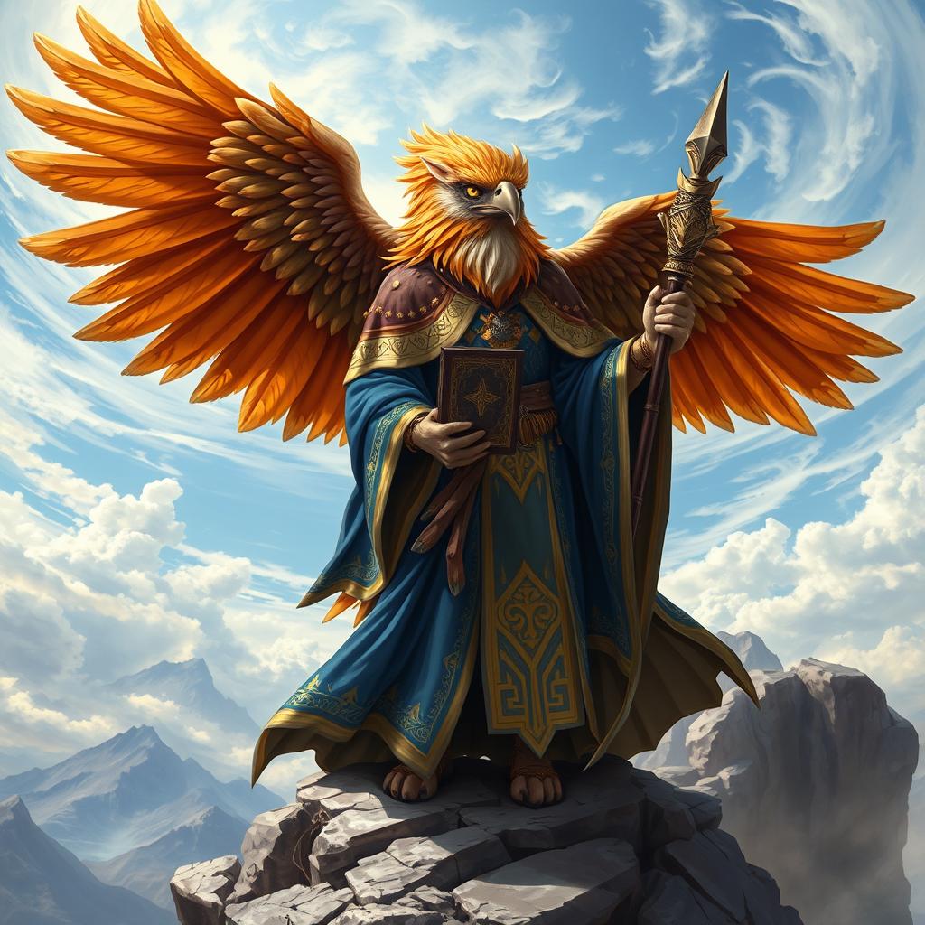 An elegant Aarakocra wizard with majestic eagle features