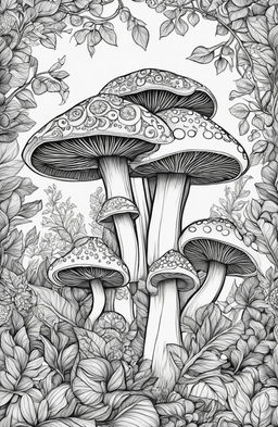 This is a detailed, high-quality digital coloring page featuring a cluster of intricately patterned mushrooms, surrounded by lush undergrowth