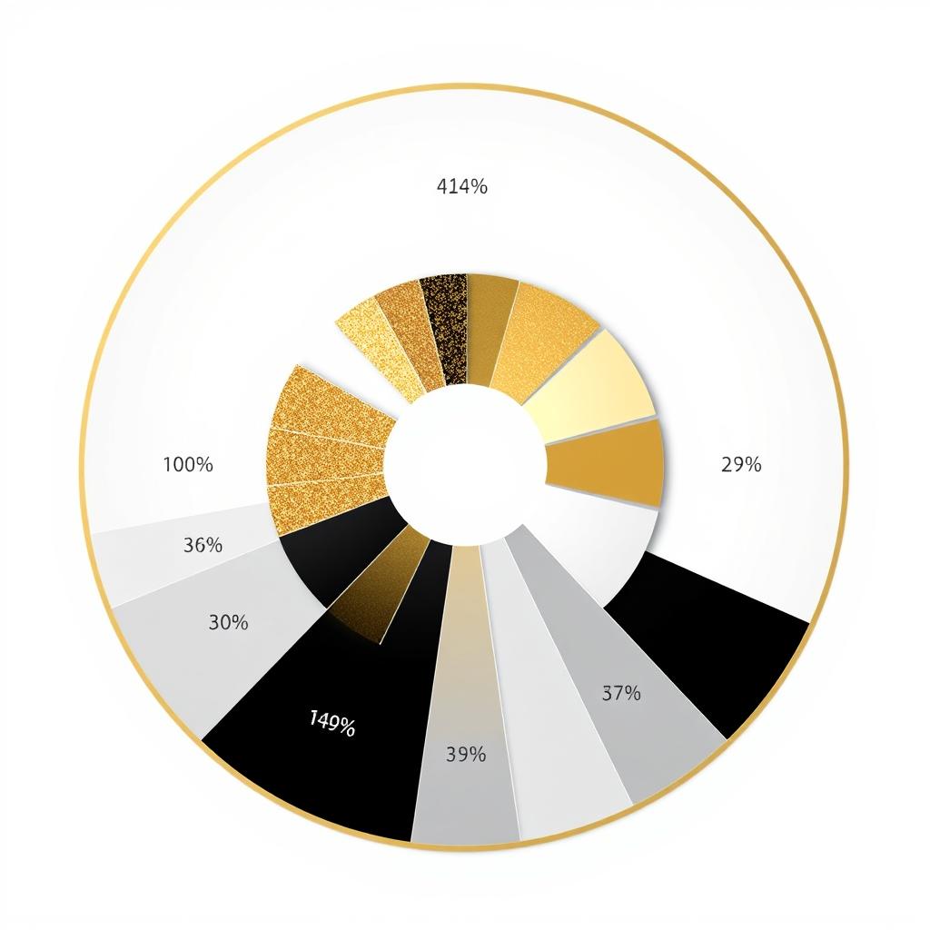 A circular graph (pie chart) elegantly designed with segments in gold, black, and grey colors