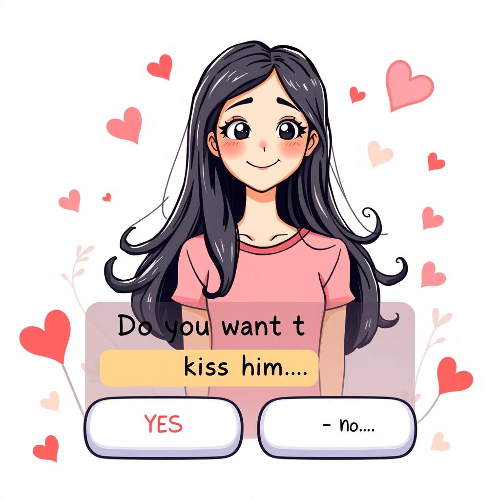 An imaginative illustration of a decision-making game featuring a full-body drawing of a 25-year-old girl with a friendly and curious expression