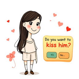 An imaginative illustration of a decision-making game featuring a full-body drawing of a 25-year-old girl with a friendly and curious expression