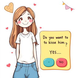 An imaginative illustration of a decision-making game featuring a full-body drawing of a 25-year-old girl with a friendly and curious expression