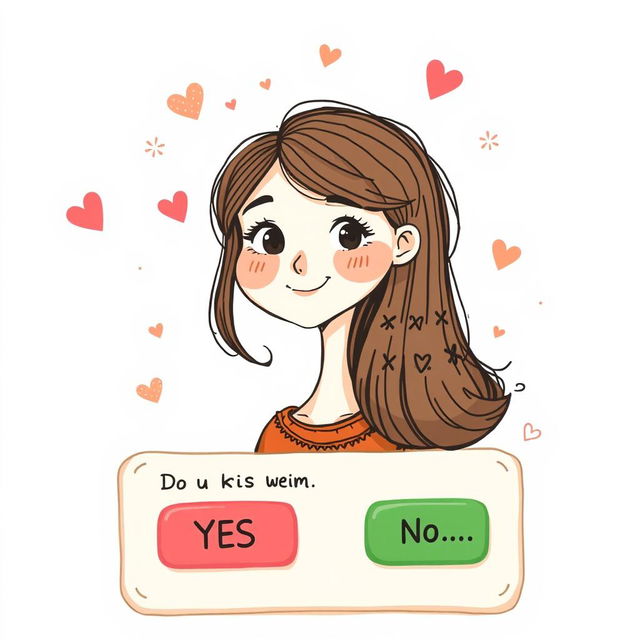 An imaginative illustration of a decision-making game featuring a full-body drawing of a 25-year-old girl with a friendly and curious expression