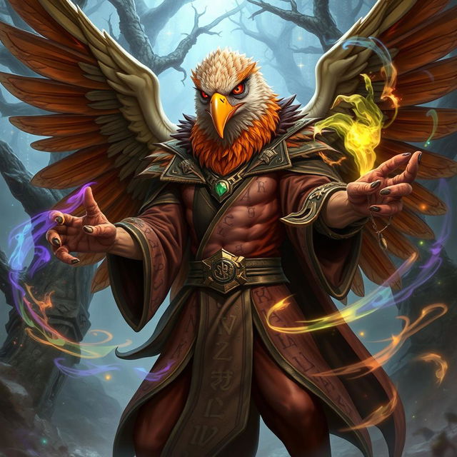 An extraordinary half-human Arouca character with an eagle head, impressive wings, and claws for hands, dressed in elaborate wizard robes filled with mystic runes