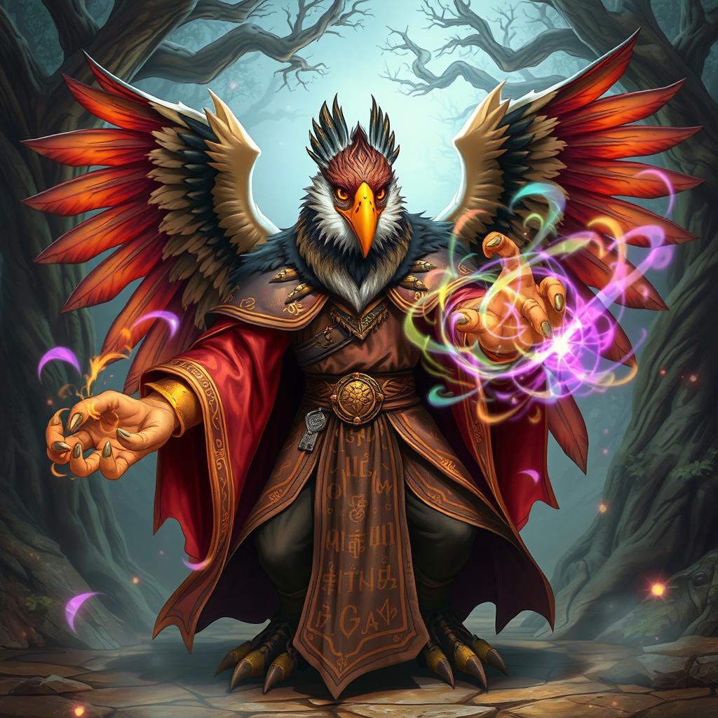 An extraordinary half-human Arouca character with an eagle head, impressive wings, and claws for hands, dressed in elaborate wizard robes filled with mystic runes