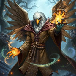 An extraordinary half-human Arouca character with an eagle head, impressive wings, and claws for hands, dressed in elaborate wizard robes filled with mystic runes