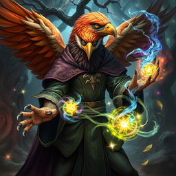 An extraordinary half-human Arouca character with an eagle head, impressive wings, and claws for hands, dressed in elaborate wizard robes filled with mystic runes