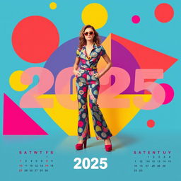 A striking calendar cover for the year 2025 featuring vibrant retro fashion styles from the 70s and 80s