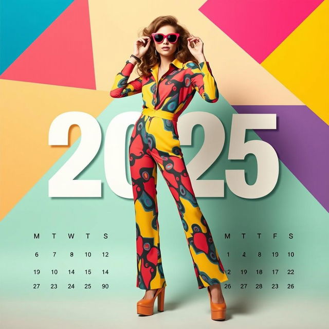 A striking calendar cover for the year 2025 featuring vibrant retro fashion styles from the 70s and 80s