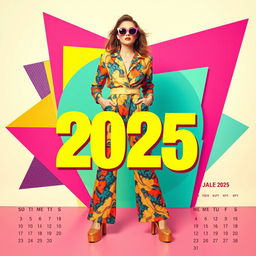 A striking calendar cover for the year 2025 featuring vibrant retro fashion styles from the 70s and 80s