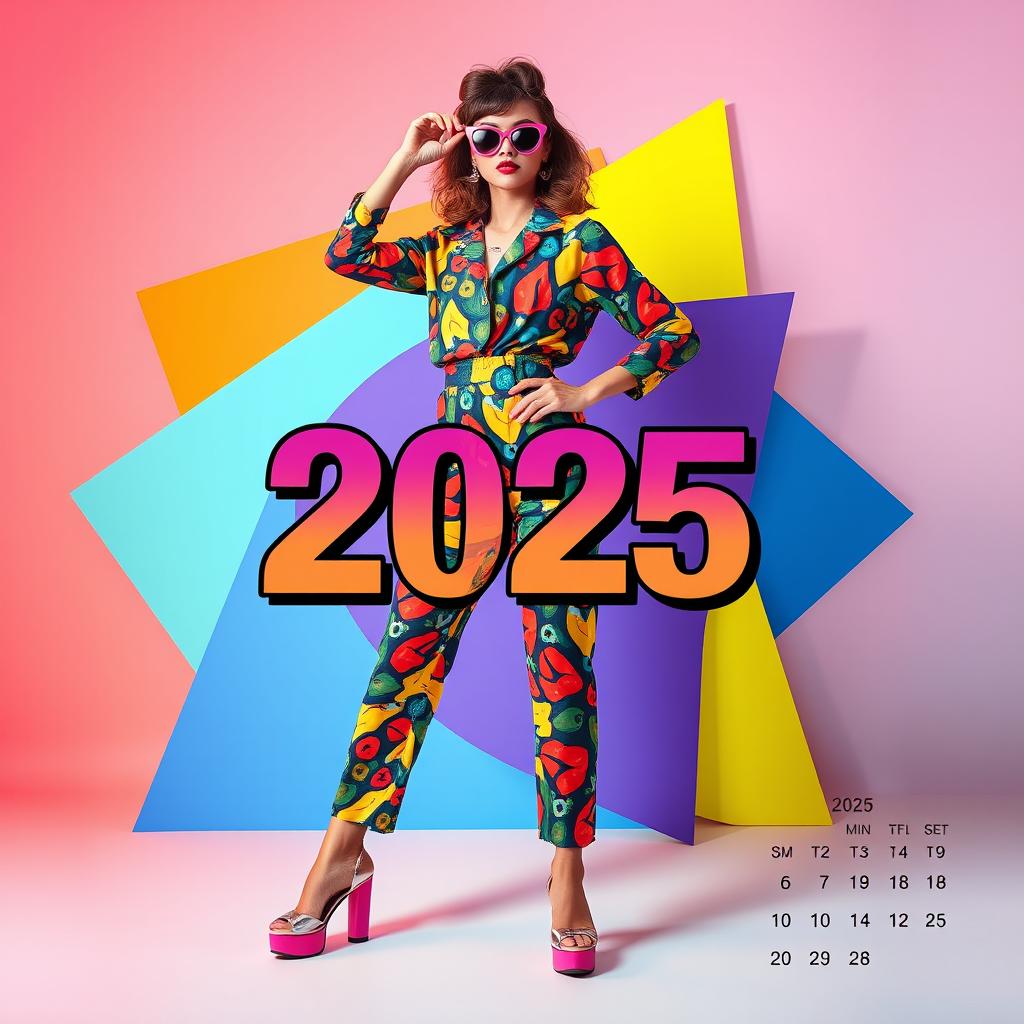 A striking calendar cover for the year 2025 featuring vibrant retro fashion styles from the 70s and 80s