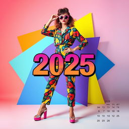 A striking calendar cover for the year 2025 featuring vibrant retro fashion styles from the 70s and 80s