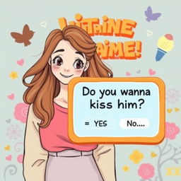A creative illustration depicting a decision-making game interface featuring a full-body drawing of a 25-year-old woman with a friendly and curious expression