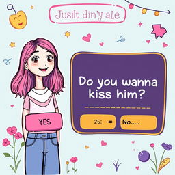 A creative illustration depicting a decision-making game interface featuring a full-body drawing of a 25-year-old woman with a friendly and curious expression