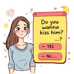 A creative illustration depicting a decision-making game interface featuring a full-body drawing of a 25-year-old woman with a friendly and curious expression
