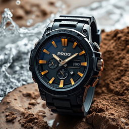 A tactical watch designed in a sleek black and gold color scheme, prominently displaying the word 'PROG' on its dial