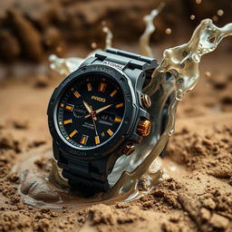 A tactical watch designed in a sleek black and gold color scheme, prominently displaying the word 'PROG' on its dial