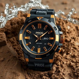 A tactical watch designed in a sleek black and gold color scheme, prominently displaying the word 'PROG' on its dial
