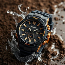 A tactical watch designed in a sleek black and gold color scheme, prominently displaying the word 'PROG' on its dial