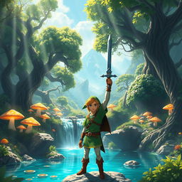 A breathtaking fantasy landscape inspired by the Legend of Zelda series, featuring a mystical forest with ancient trees and glowing mushrooms, a serene waterfall cascading into a crystal-clear pond, and distant mountains shrouded in mist