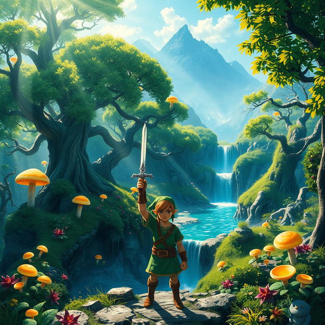 A breathtaking fantasy landscape inspired by the Legend of Zelda series, featuring a mystical forest with ancient trees and glowing mushrooms, a serene waterfall cascading into a crystal-clear pond, and distant mountains shrouded in mist