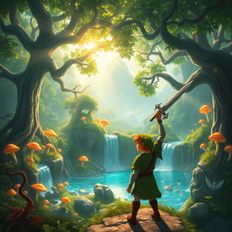 A breathtaking fantasy landscape inspired by the Legend of Zelda series, featuring a mystical forest with ancient trees and glowing mushrooms, a serene waterfall cascading into a crystal-clear pond, and distant mountains shrouded in mist